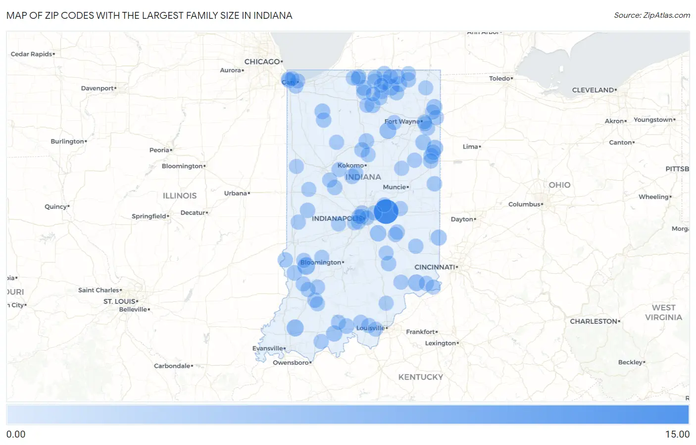 Zip Codes with the Largest Family Size in Indiana Map