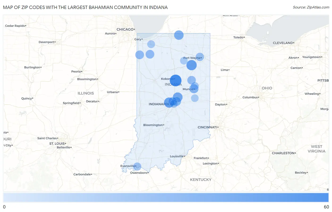 Zip Codes with the Largest Bahamian Community in Indiana Map