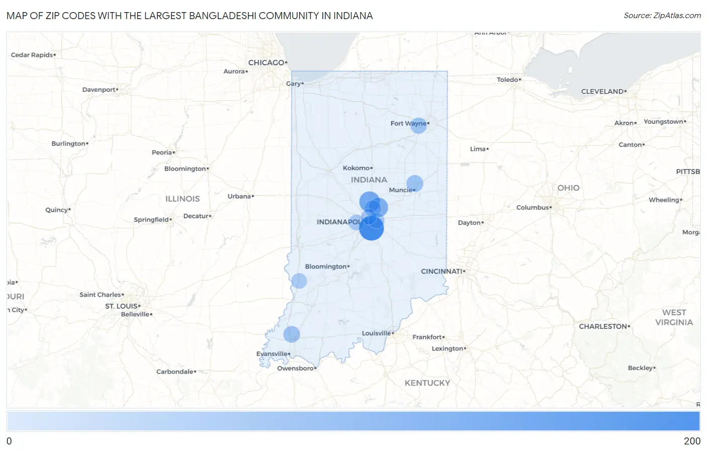 Zip Codes with the Largest Bangladeshi Community in Indiana Map