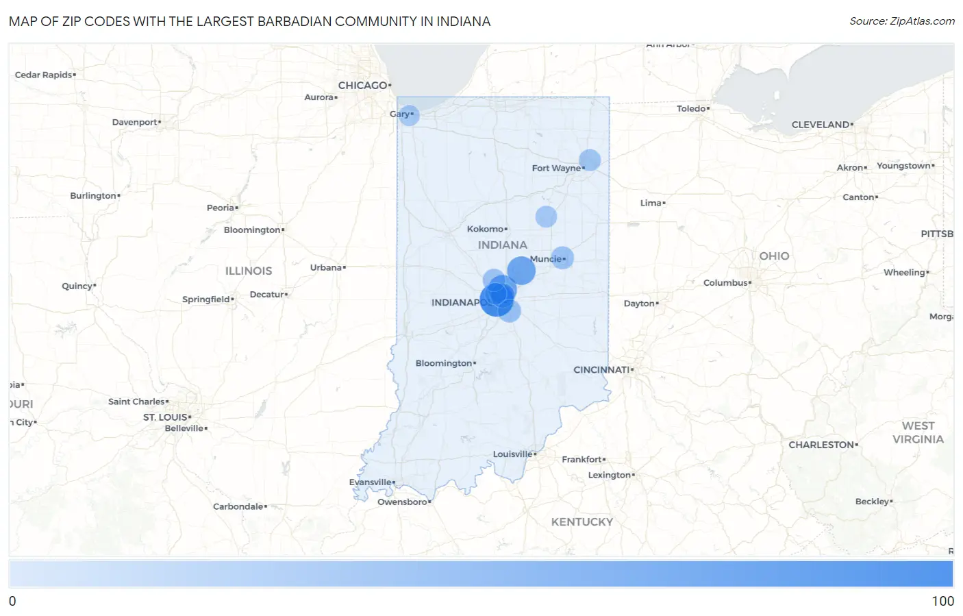 Zip Codes with the Largest Barbadian Community in Indiana Map