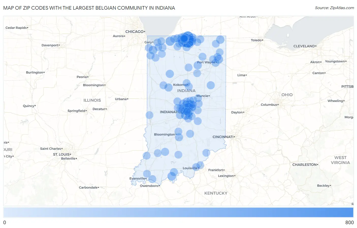 Zip Codes with the Largest Belgian Community in Indiana Map