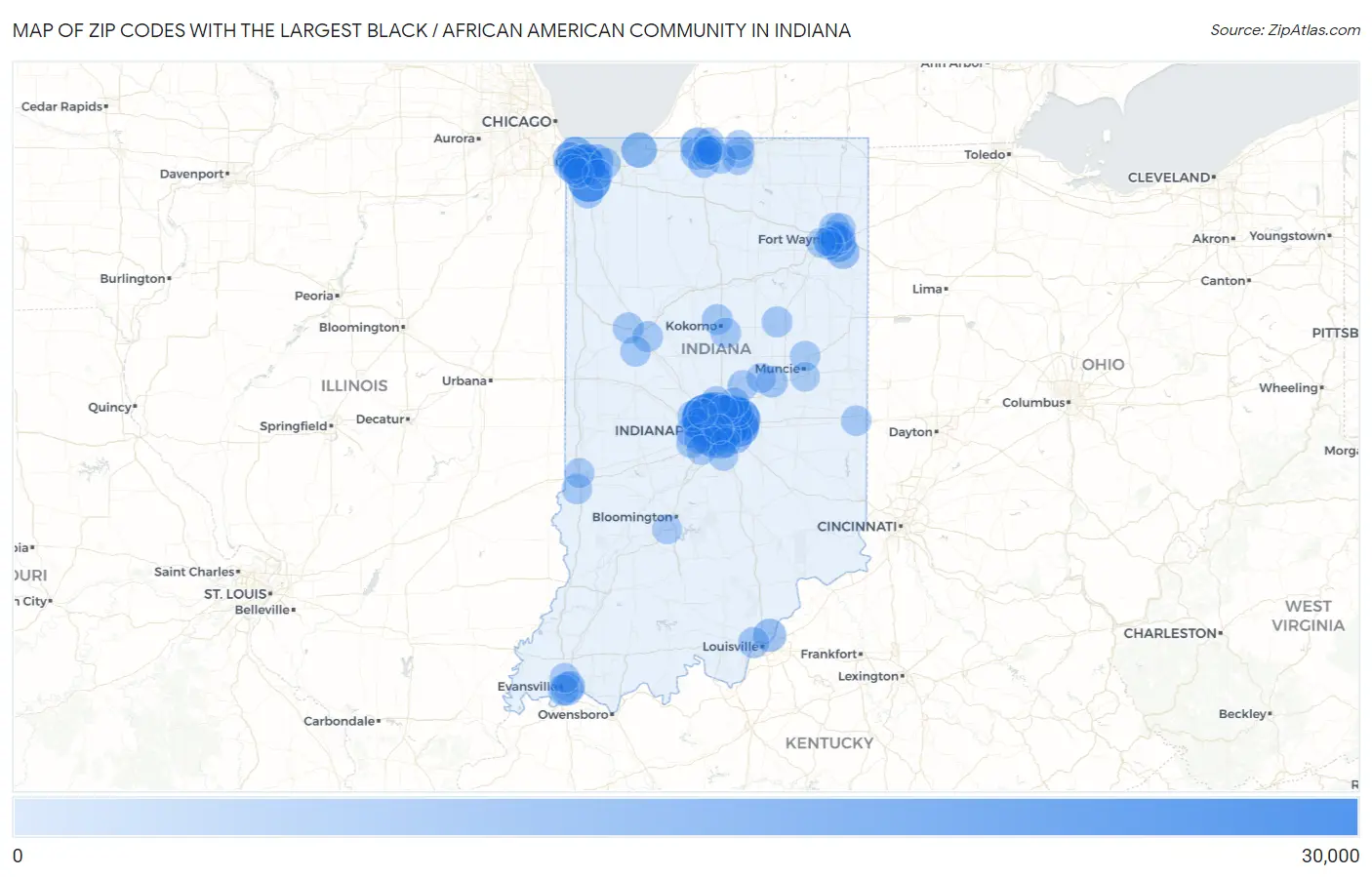 Zip Codes with the Largest Black / African American Community in Indiana Map