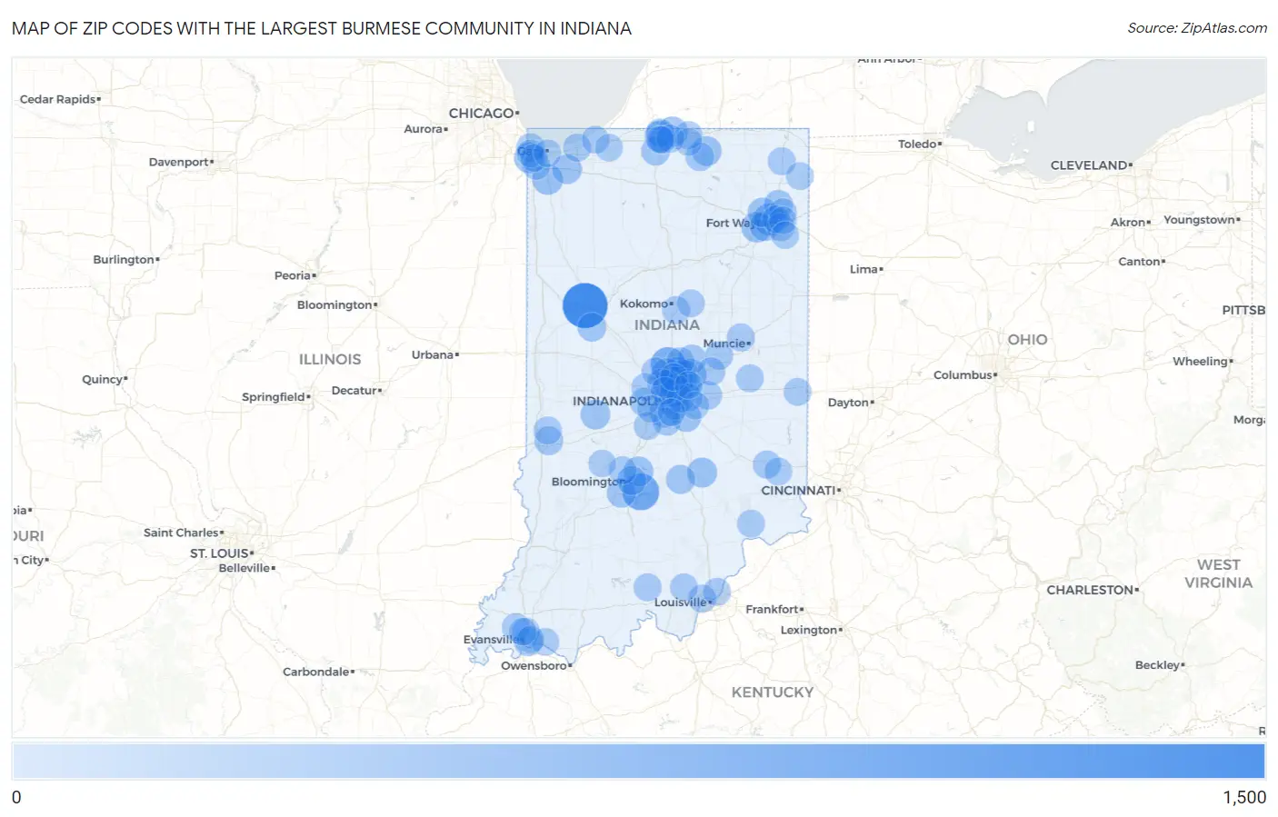 Zip Codes with the Largest Burmese Community in Indiana Map