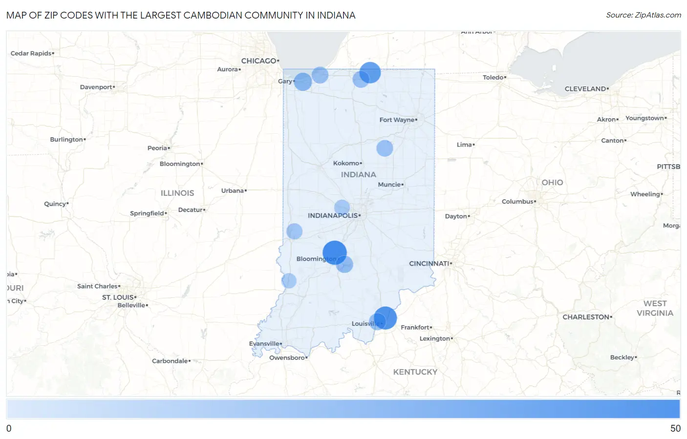 Zip Codes with the Largest Cambodian Community in Indiana Map