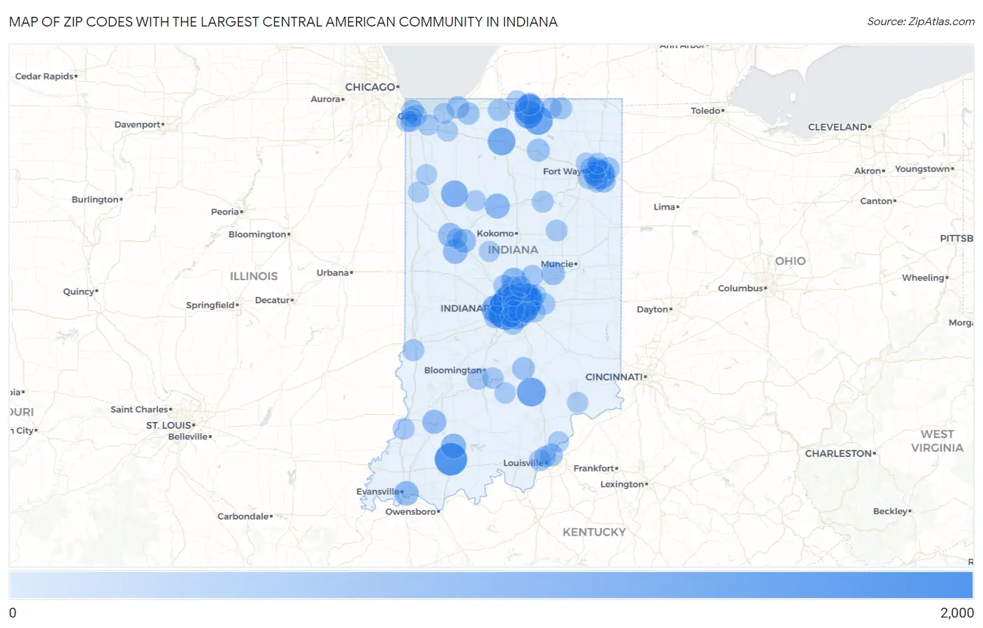 Zip Codes with the Largest Central American Community in Indiana Map