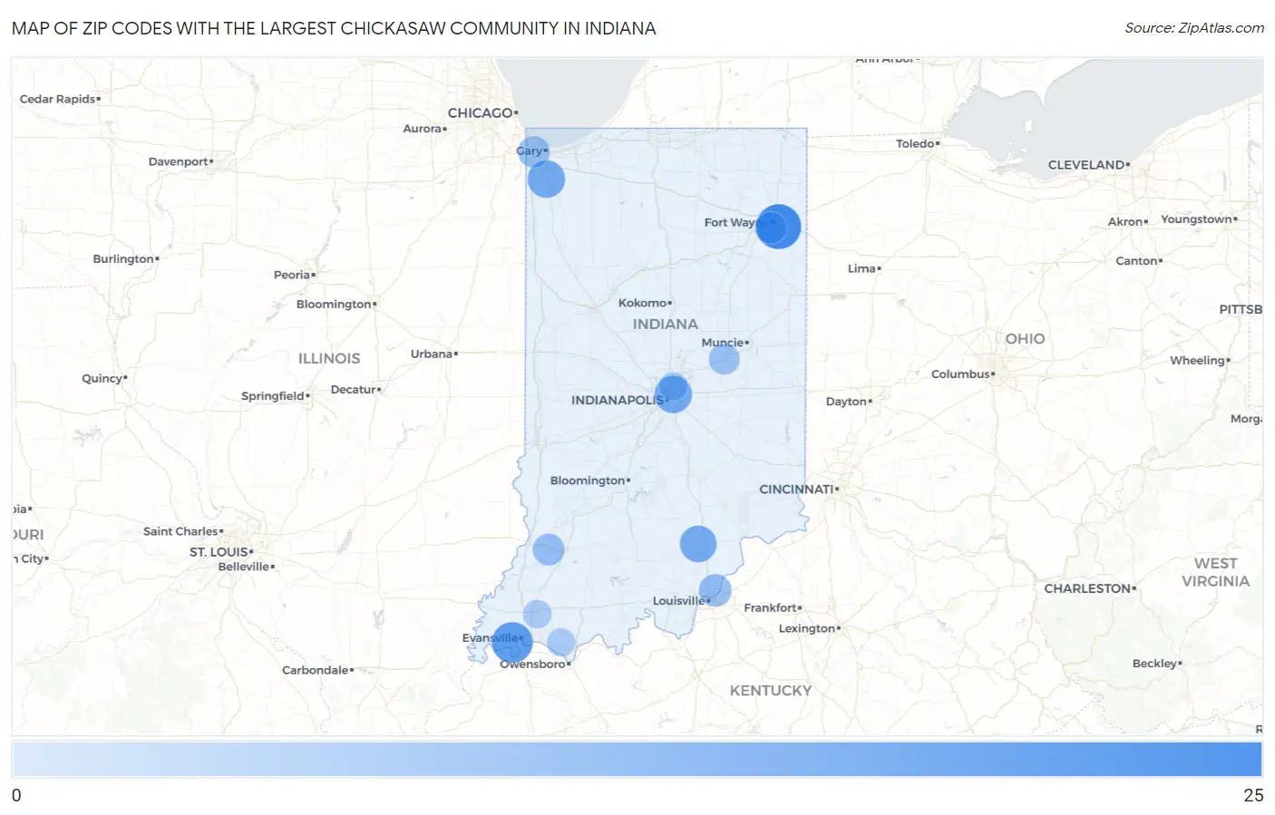 Zip Codes with the Largest Chickasaw Community in Indiana Map