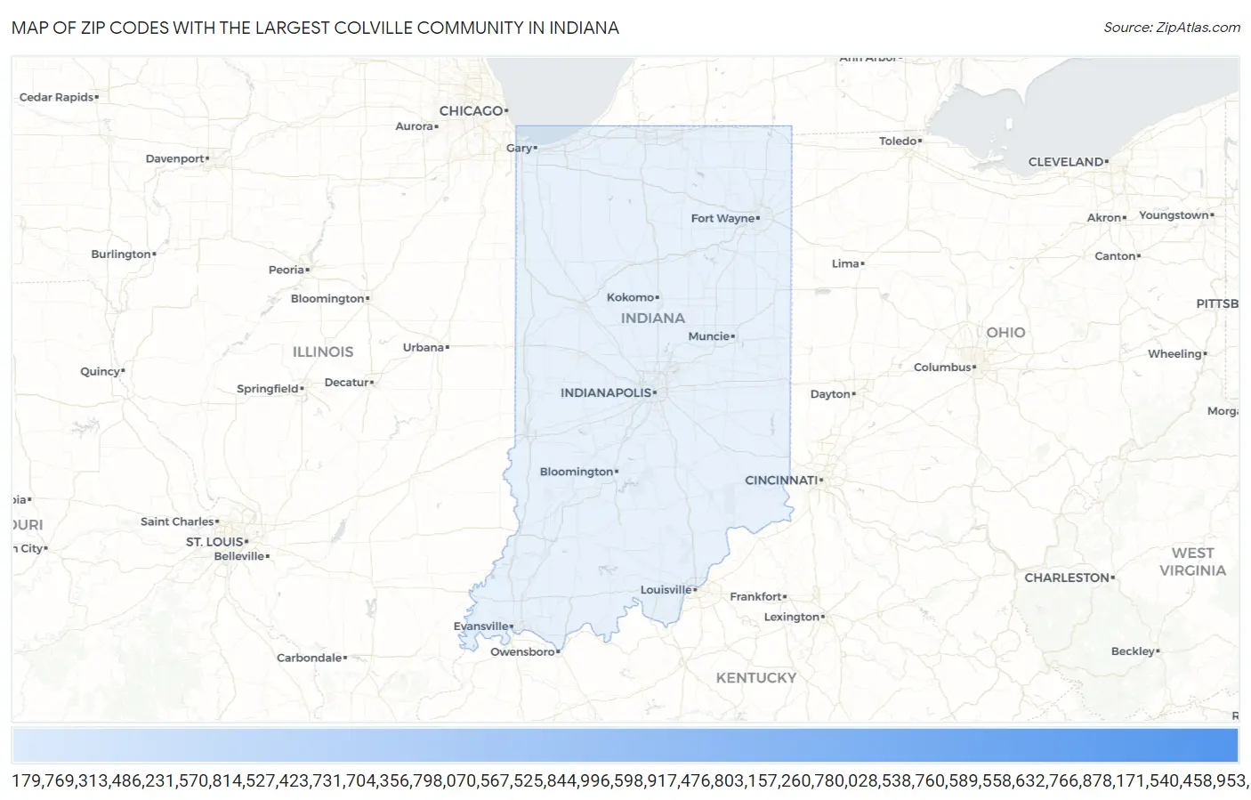 Zip Codes with the Largest Colville Community in Indiana Map