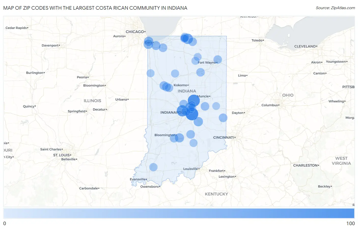 Zip Codes with the Largest Costa Rican Community in Indiana Map