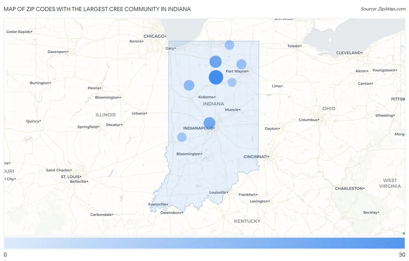 Zip Codes with the Largest Cree Community in Indiana Map