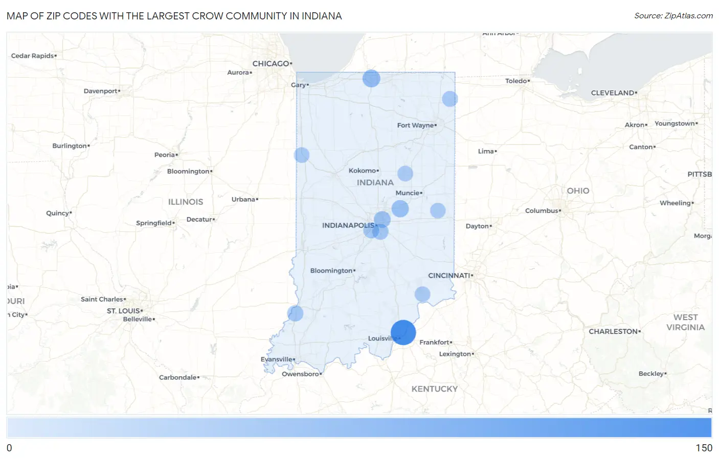Zip Codes with the Largest Crow Community in Indiana Map
