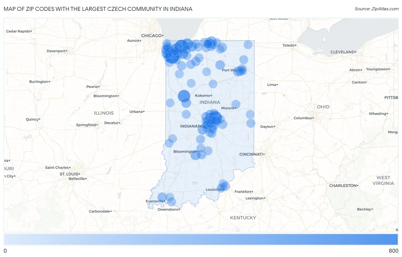 Zip Codes with the Largest Czech Community in Indiana Map