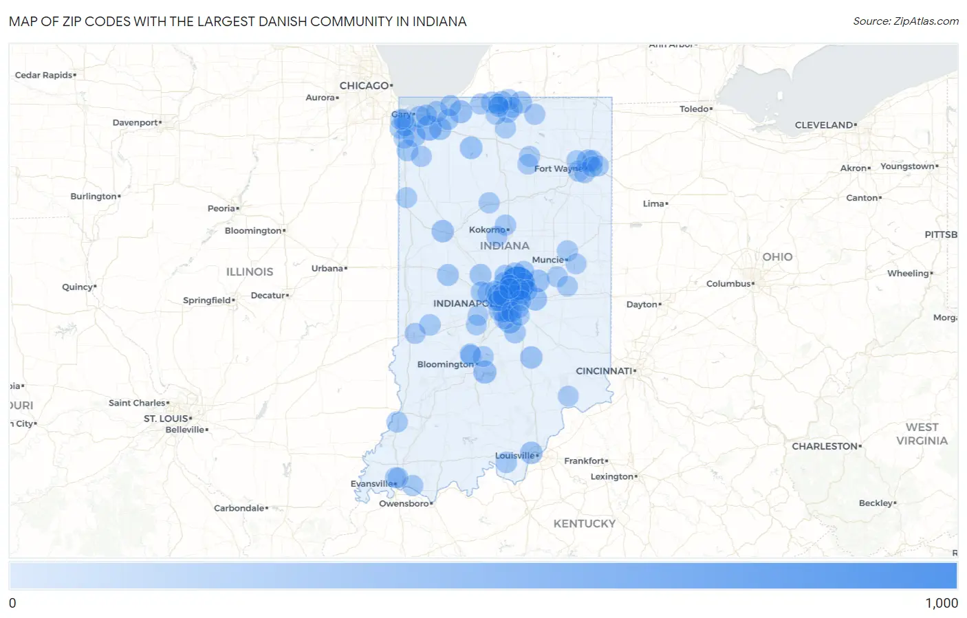 Zip Codes with the Largest Danish Community in Indiana Map