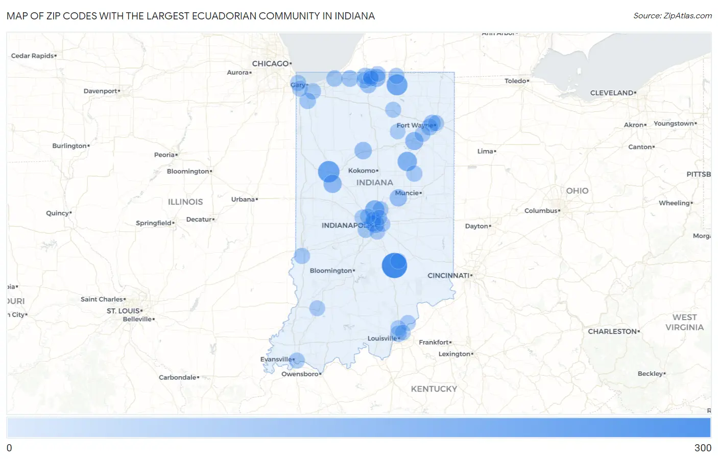 Zip Codes with the Largest Ecuadorian Community in Indiana Map