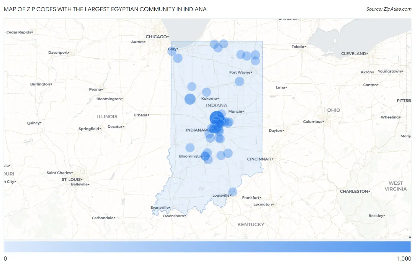 Zip Codes with the Largest Egyptian Community in Indiana Map