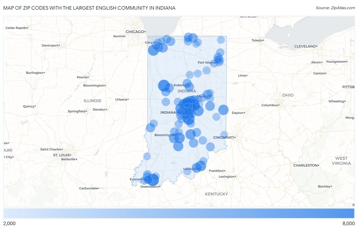 Zip Codes with the Largest English Community in Indiana Map