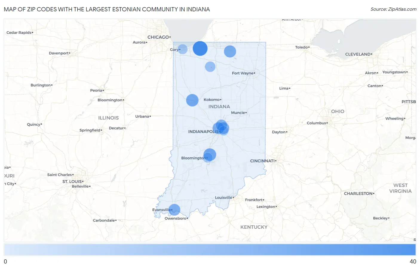 Zip Codes with the Largest Estonian Community in Indiana Map