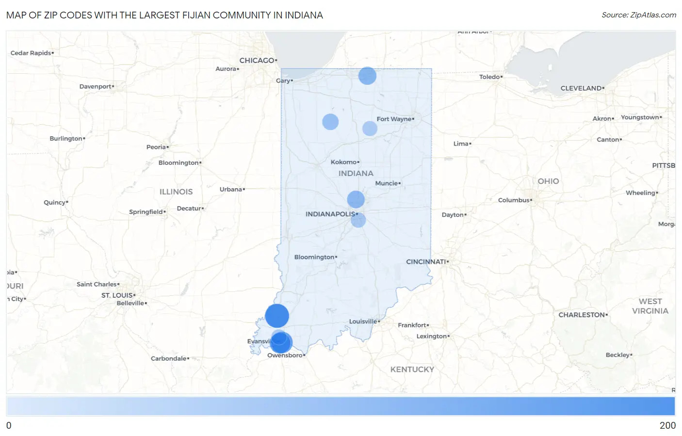 Zip Codes with the Largest Fijian Community in Indiana Map