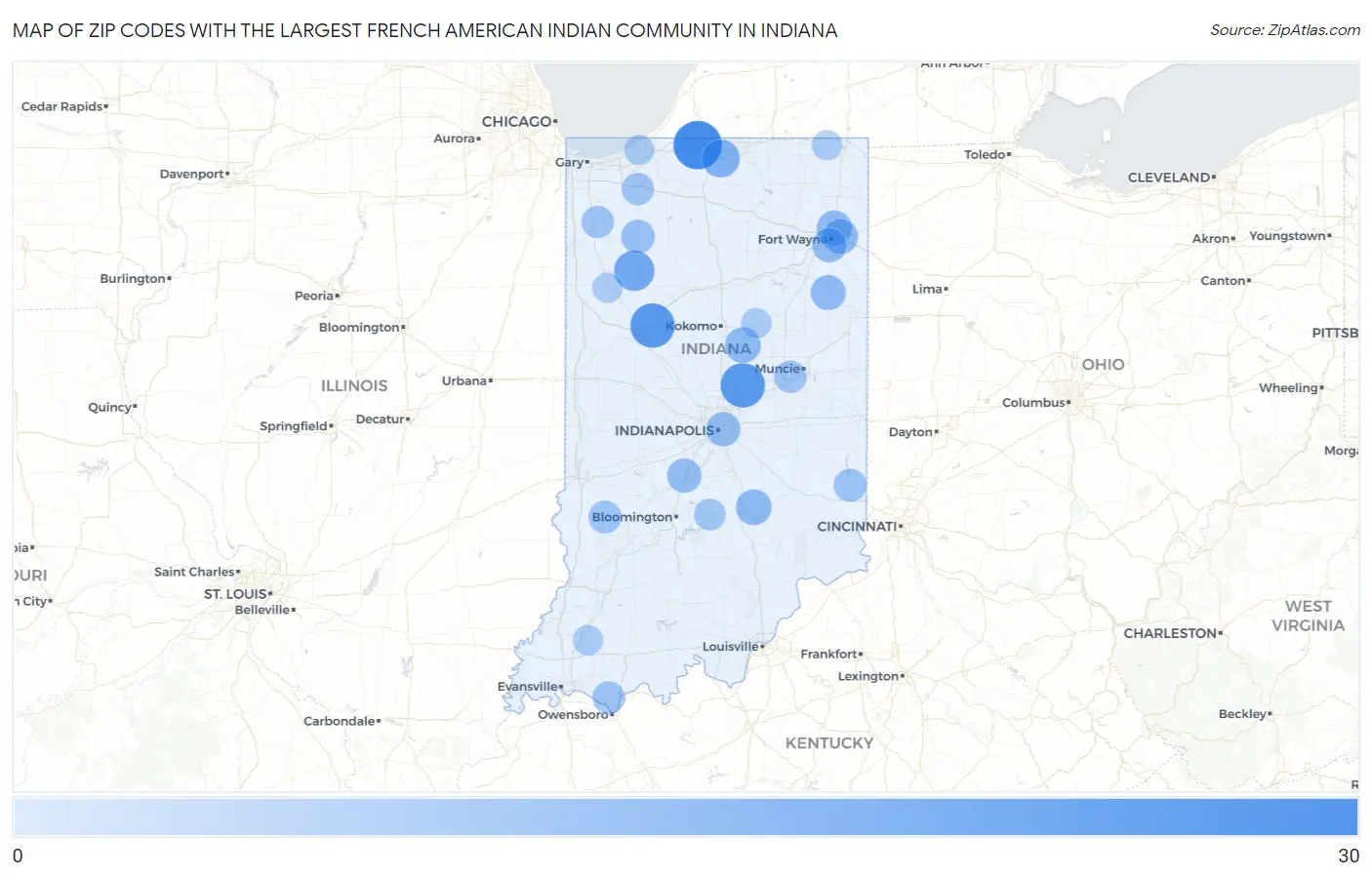 Zip Codes with the Largest French American Indian Community in Indiana Map