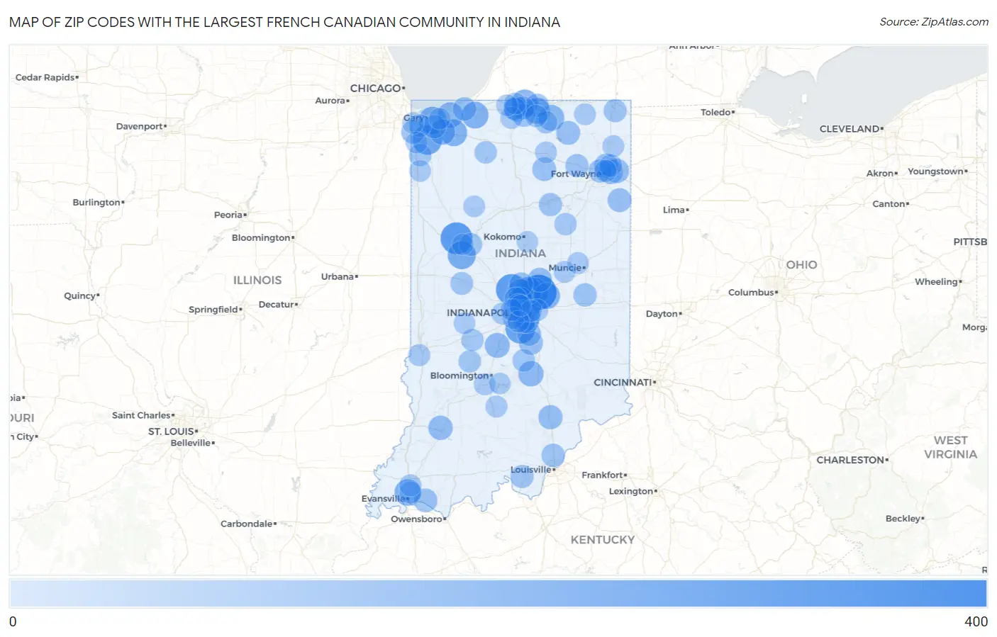 Zip Codes with the Largest French Canadian Community in Indiana Map