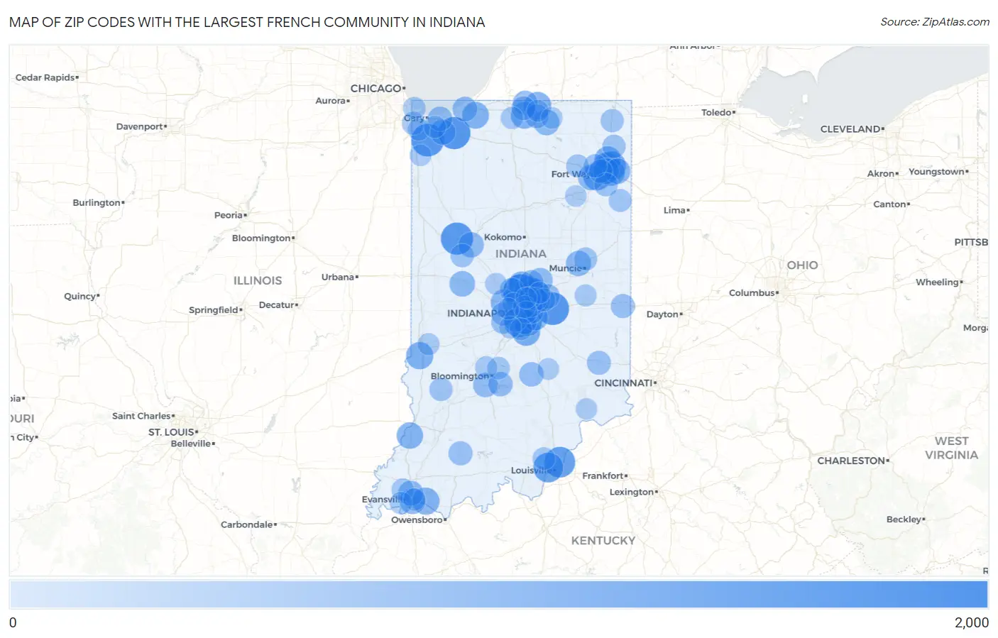 Zip Codes with the Largest French Community in Indiana Map