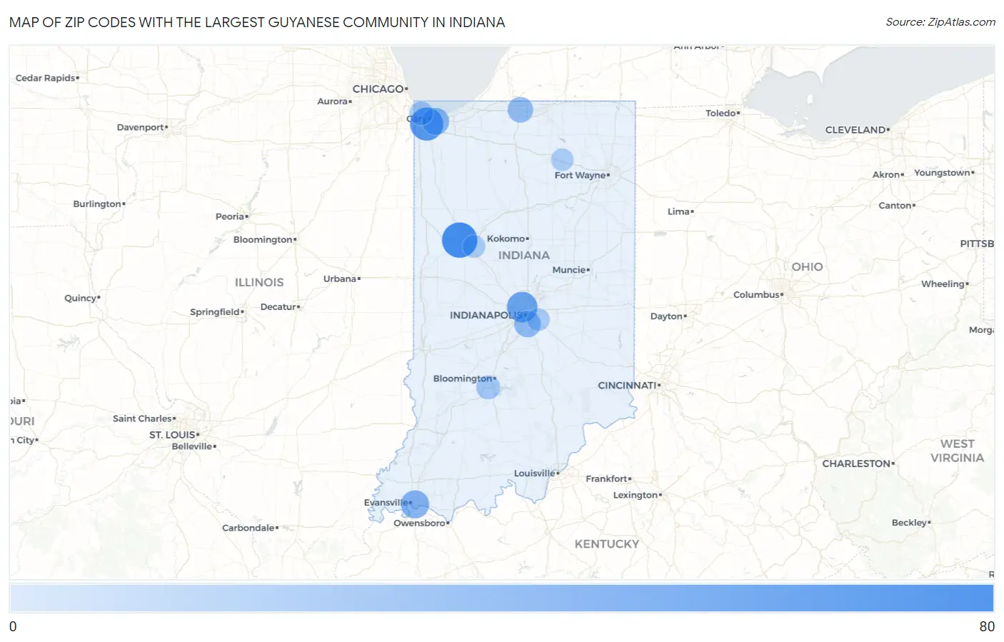 Zip Codes with the Largest Guyanese Community in Indiana Map