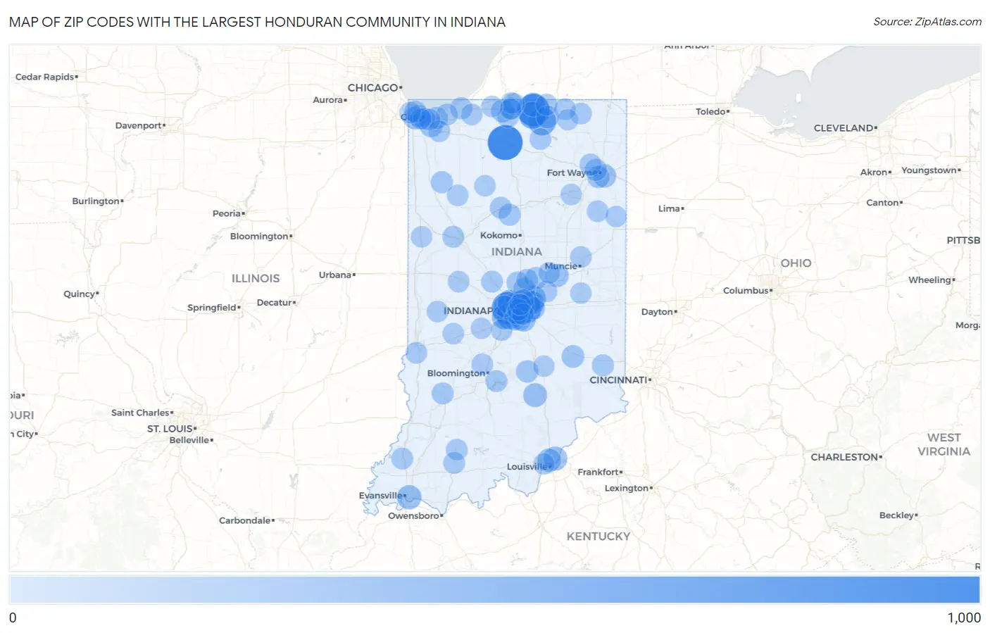 Zip Codes with the Largest Honduran Community in Indiana Map