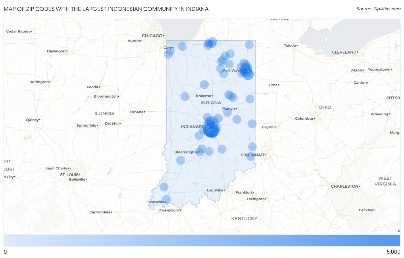 Zip Codes with the Largest Indonesian Community in Indiana Map
