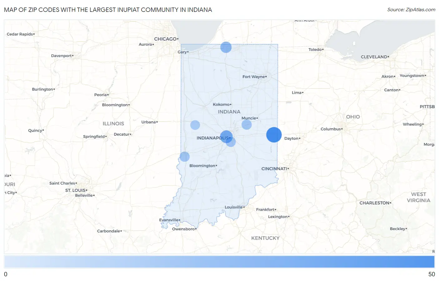Zip Codes with the Largest Inupiat Community in Indiana Map