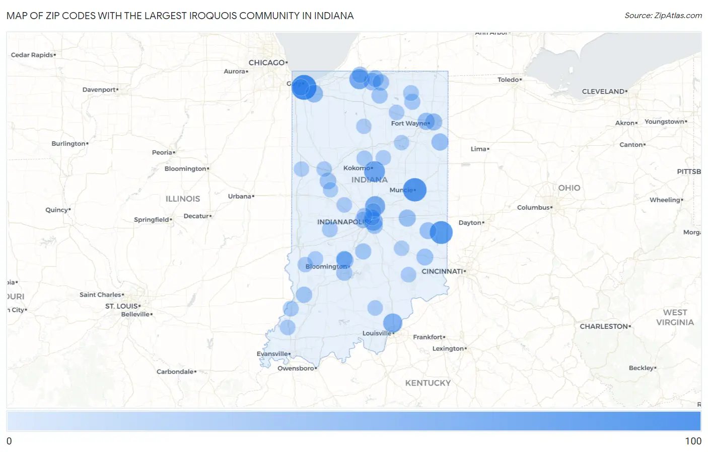 Zip Codes with the Largest Iroquois Community in Indiana Map