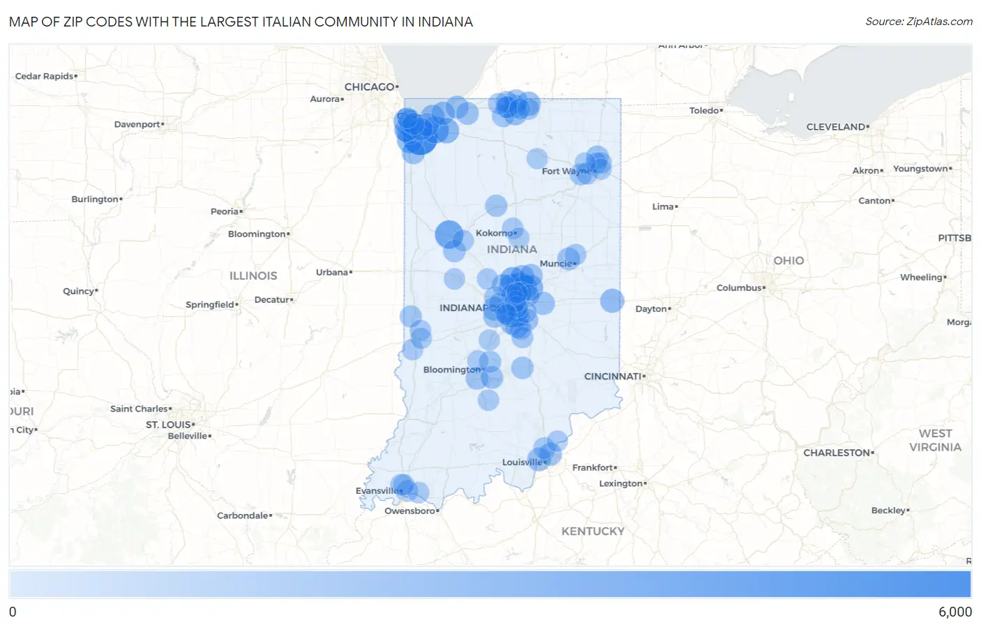 Zip Codes with the Largest Italian Community in Indiana Map