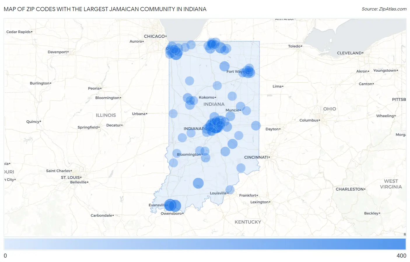 Zip Codes with the Largest Jamaican Community in Indiana Map