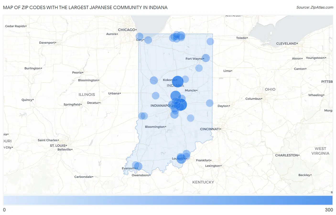 Zip Codes with the Largest Japanese Community in Indiana Map