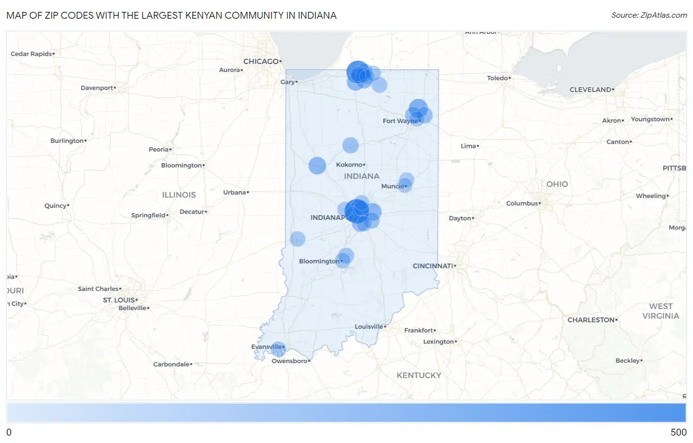 Zip Codes with the Largest Kenyan Community in Indiana Map
