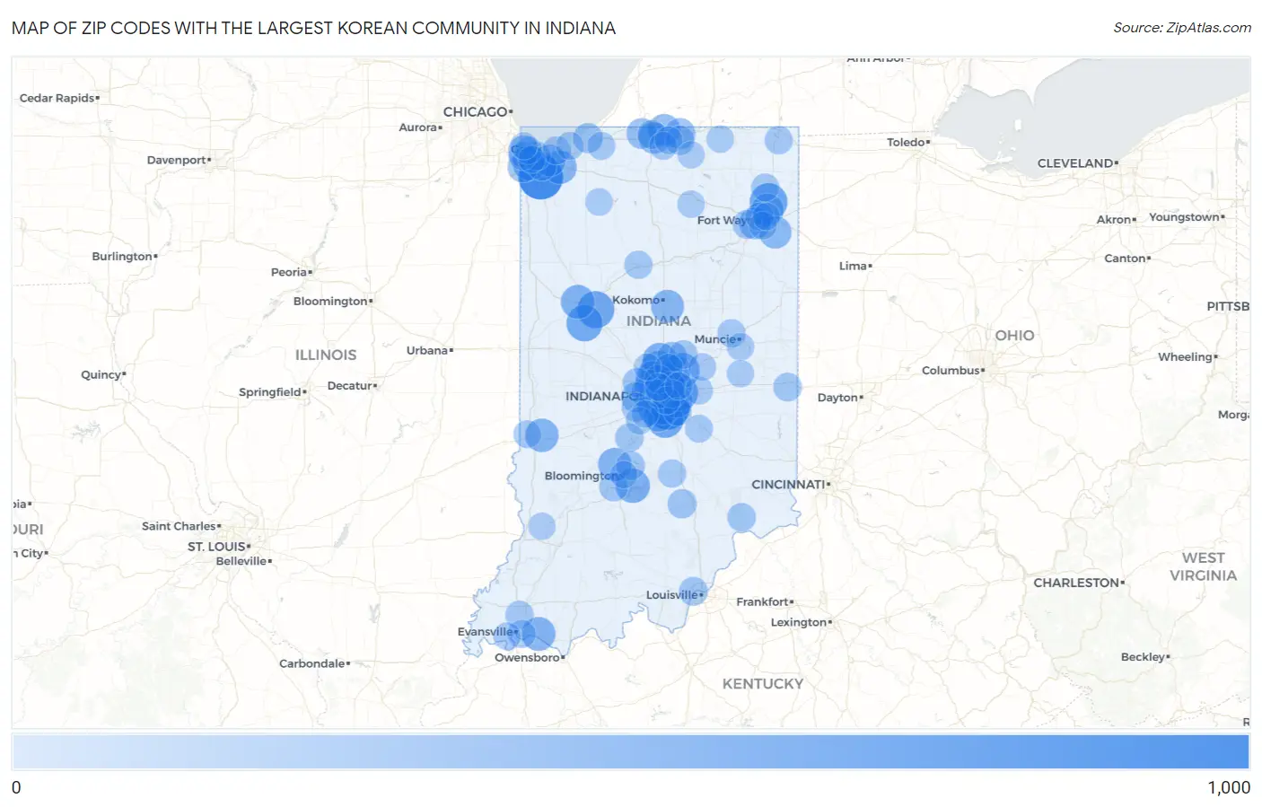 Zip Codes with the Largest Korean Community in Indiana Map