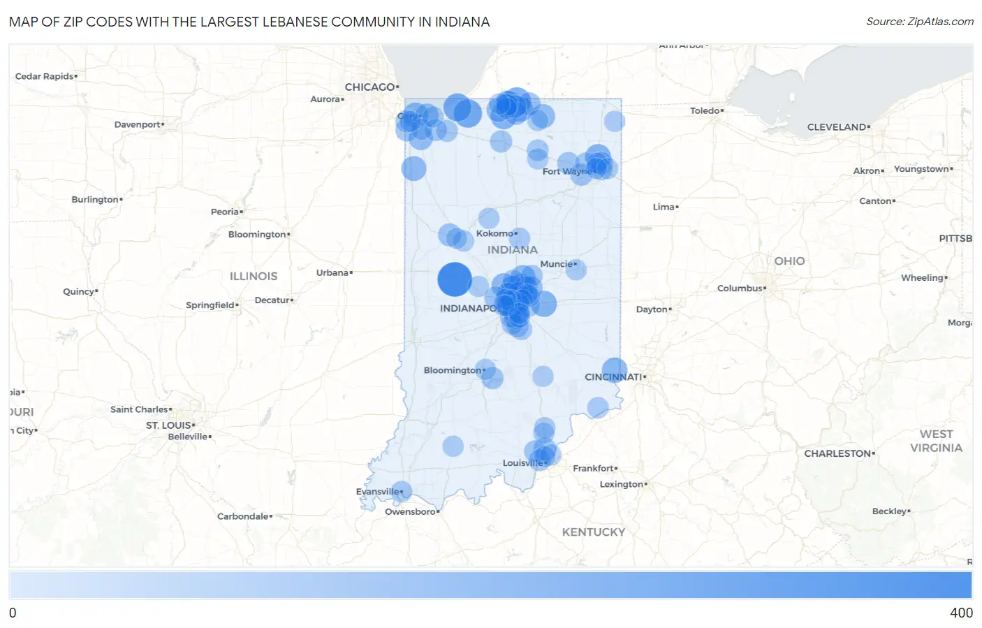 Zip Codes with the Largest Lebanese Community in Indiana Map