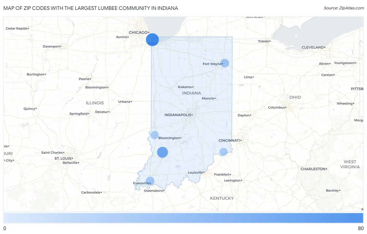 Zip Codes with the Largest Lumbee Community in Indiana Map
