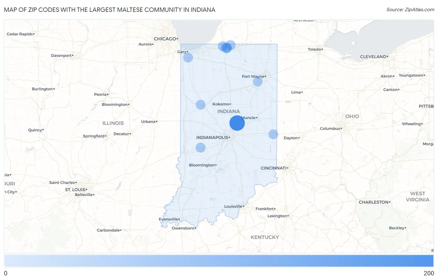 Zip Codes with the Largest Maltese Community in Indiana Map