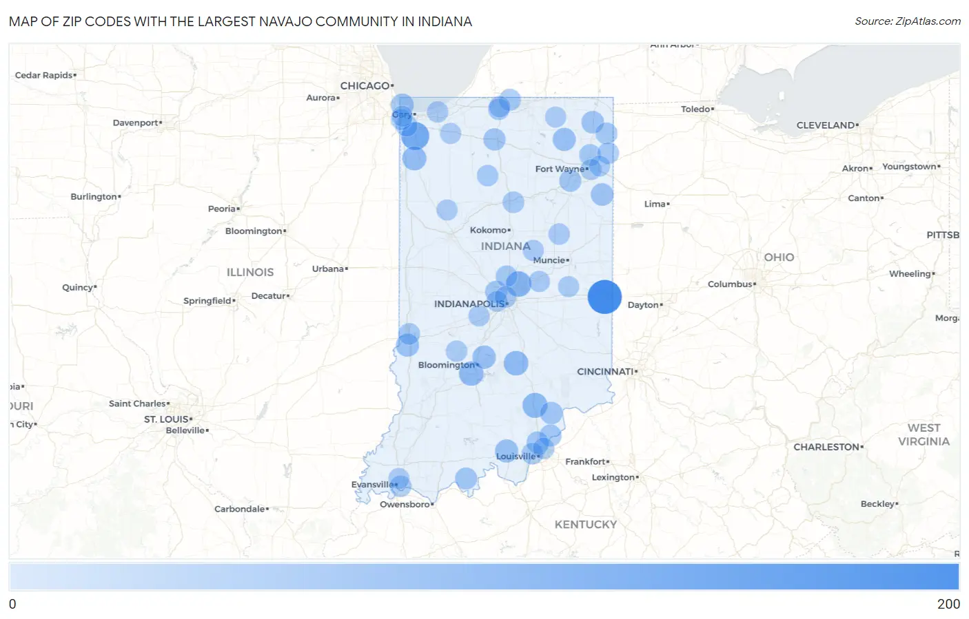 Zip Codes with the Largest Navajo Community in Indiana Map