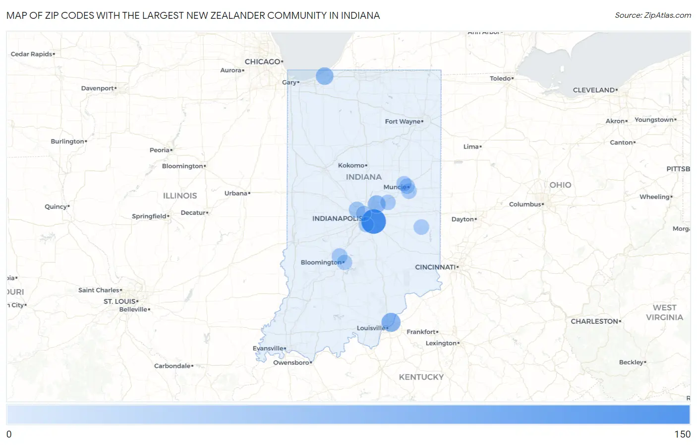 Zip Codes with the Largest New Zealander Community in Indiana Map