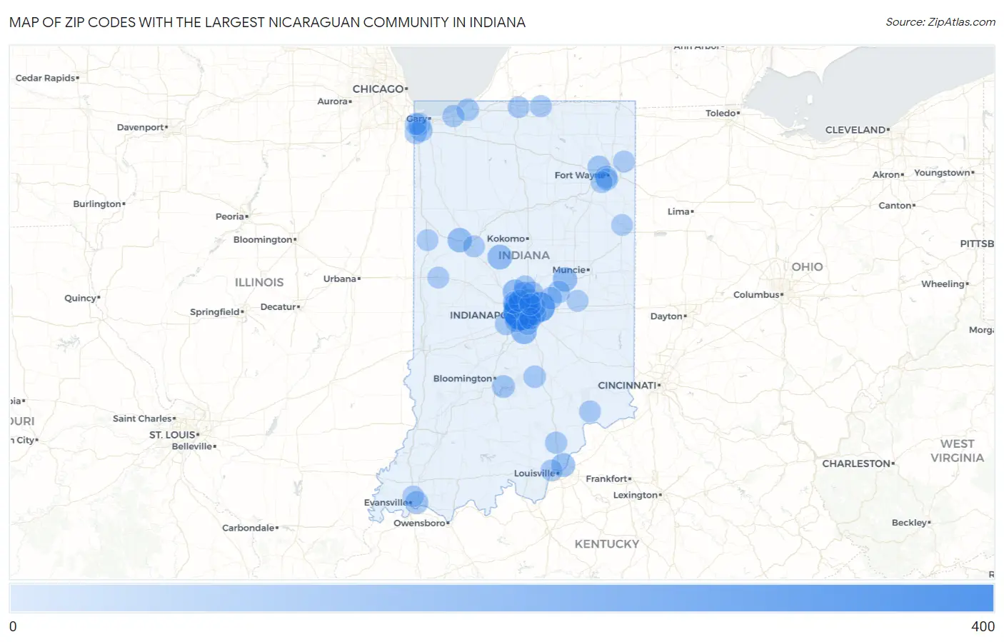 Zip Codes with the Largest Nicaraguan Community in Indiana Map