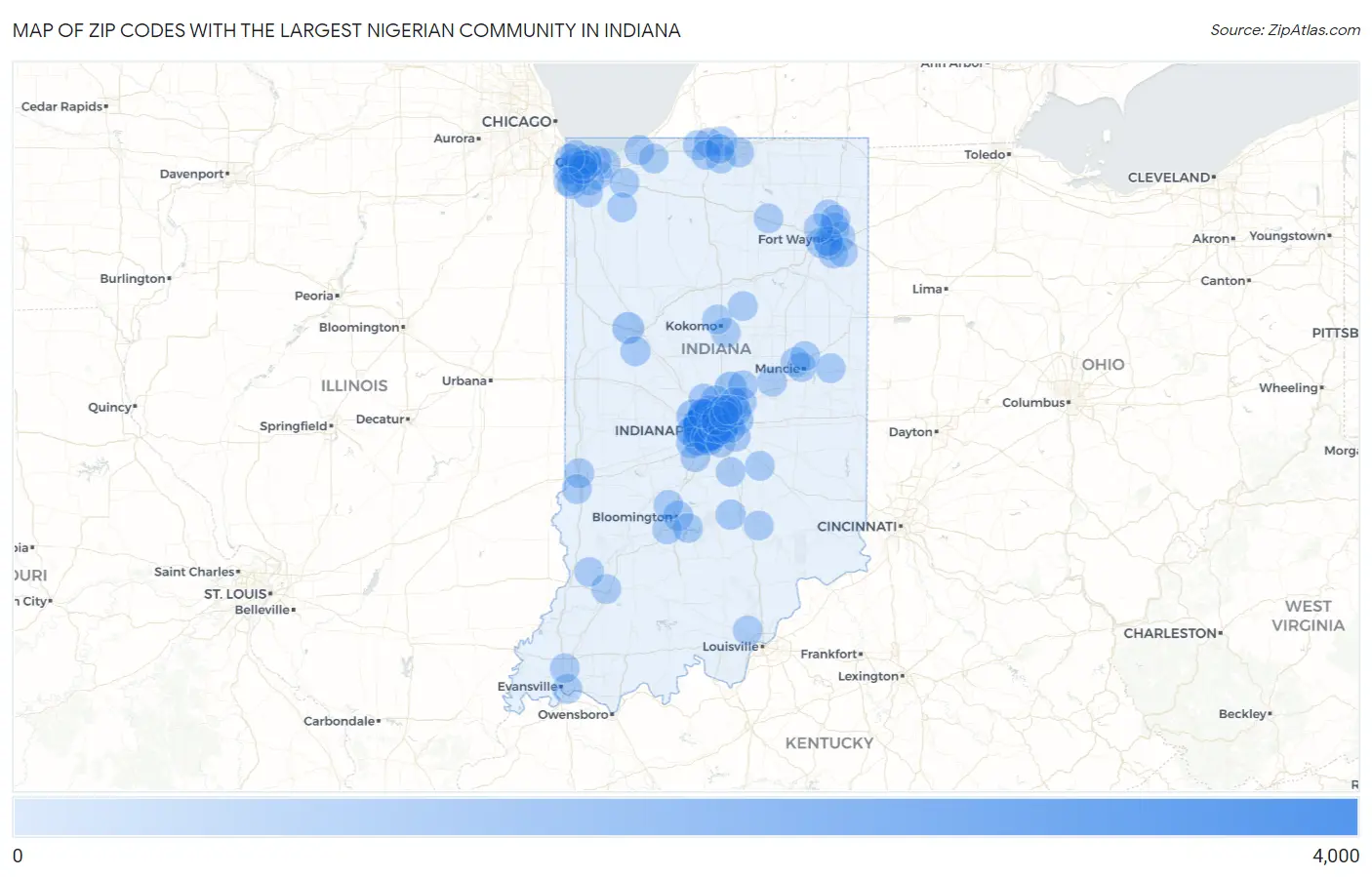 Zip Codes with the Largest Nigerian Community in Indiana Map