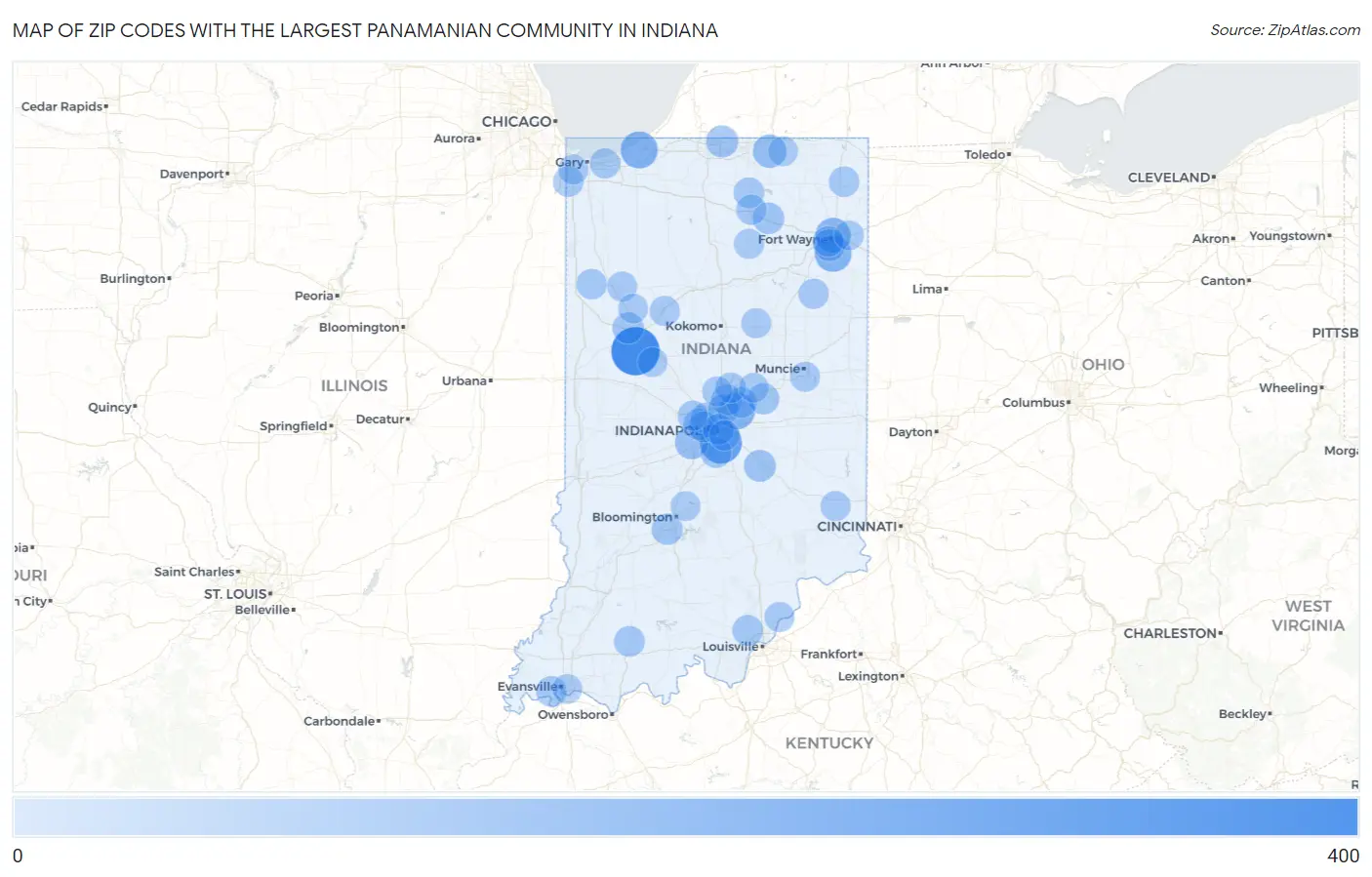 Zip Codes with the Largest Panamanian Community in Indiana Map