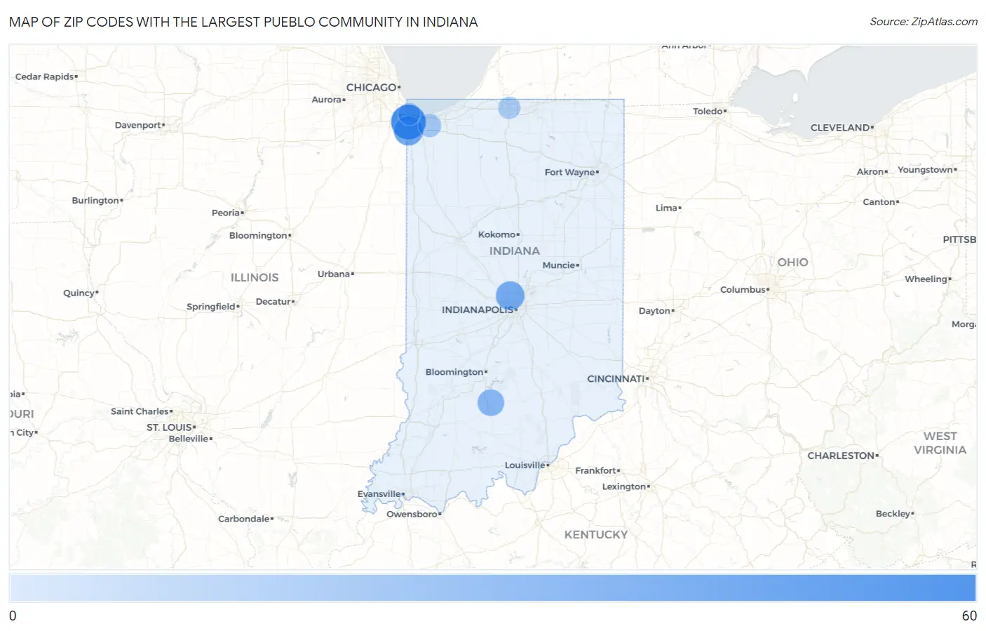 Zip Codes with the Largest Pueblo Community in Indiana Map