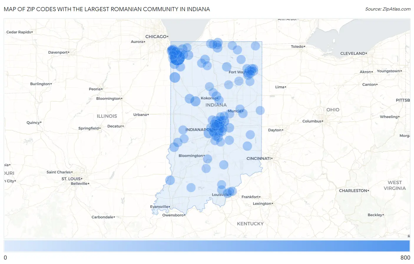 Zip Codes with the Largest Romanian Community in Indiana Map