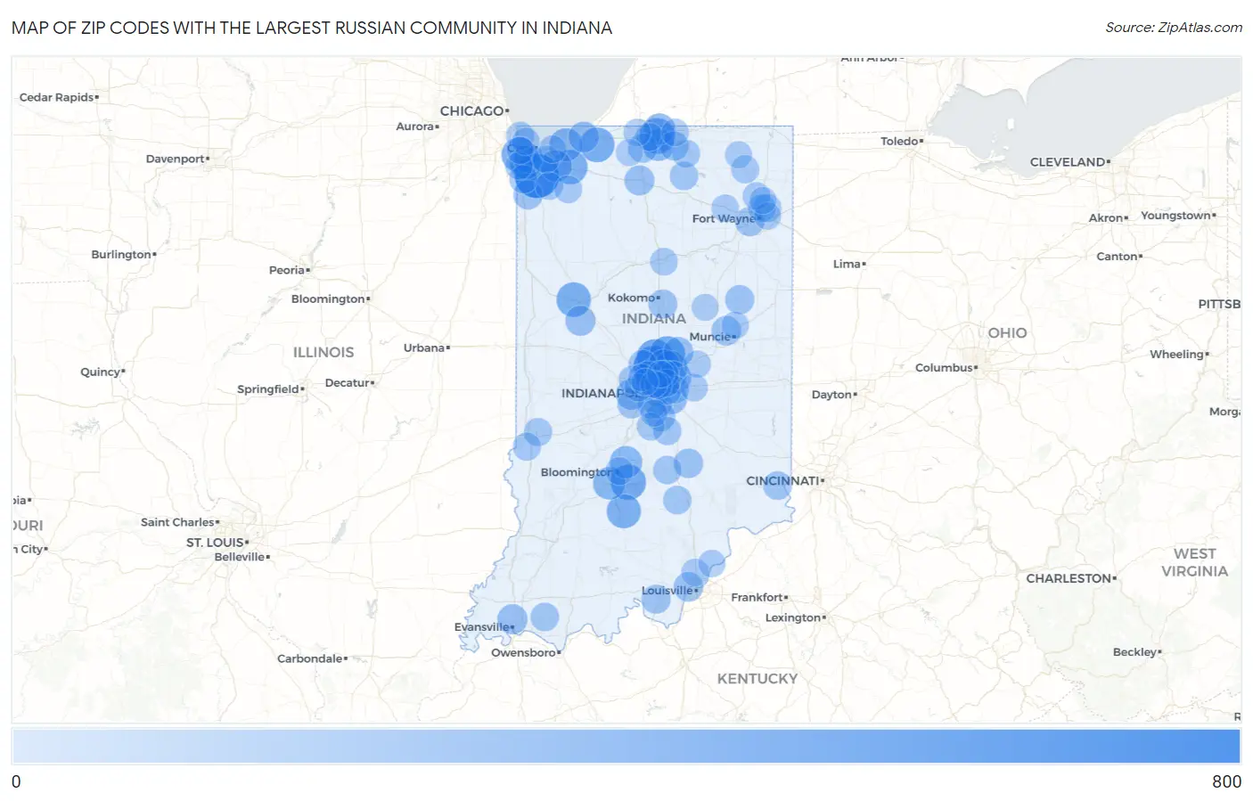 Zip Codes with the Largest Russian Community in Indiana Map