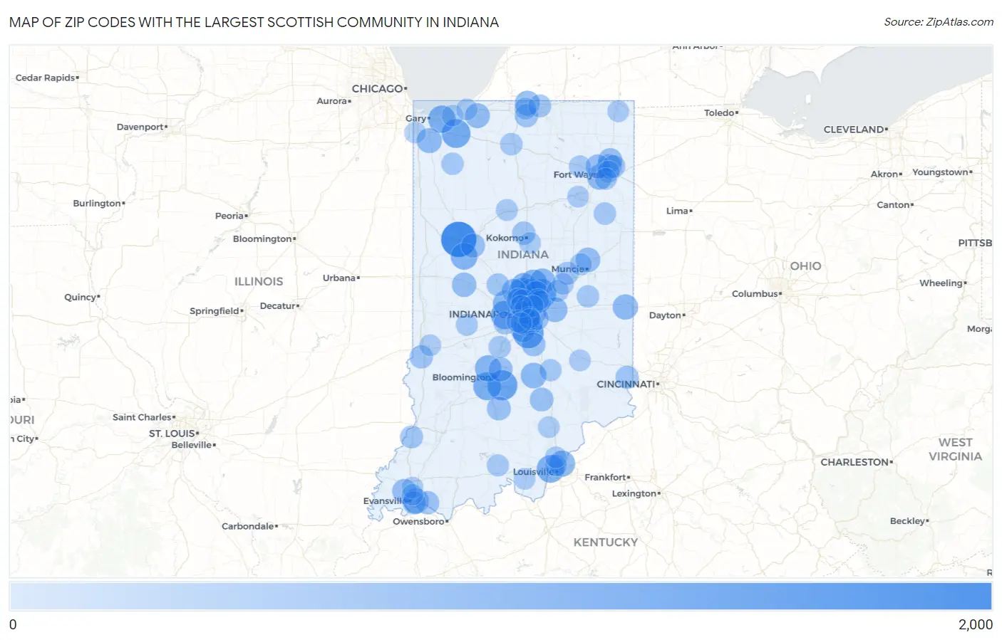 Zip Codes with the Largest Scottish Community in Indiana Map