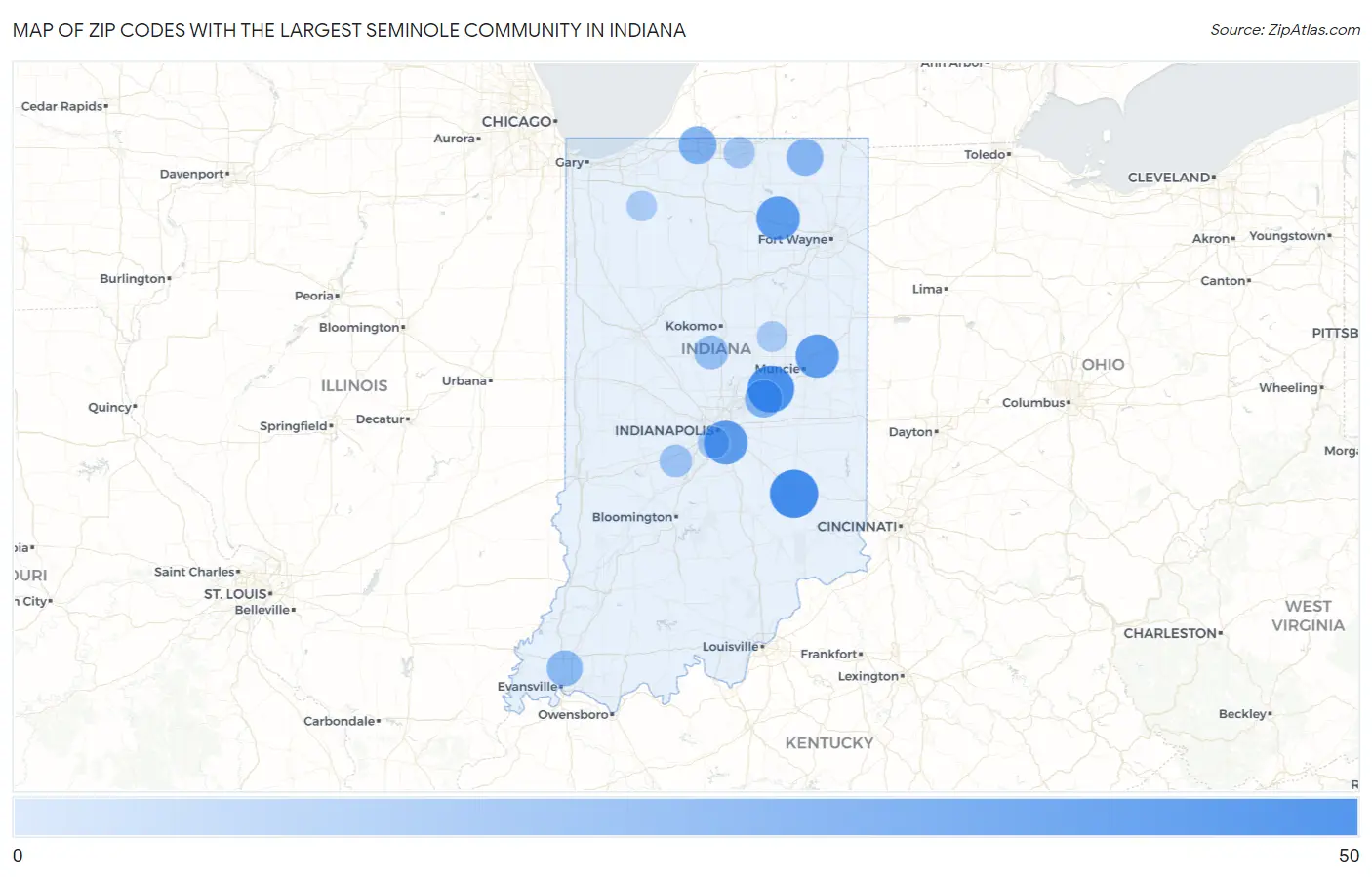 Zip Codes with the Largest Seminole Community in Indiana Map