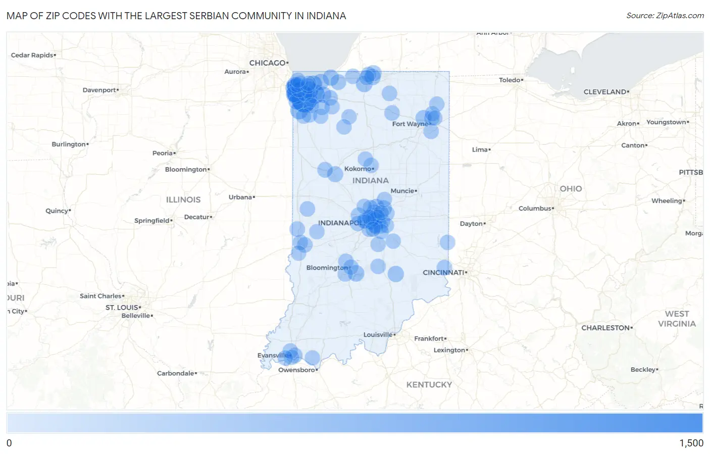 Zip Codes with the Largest Serbian Community in Indiana Map