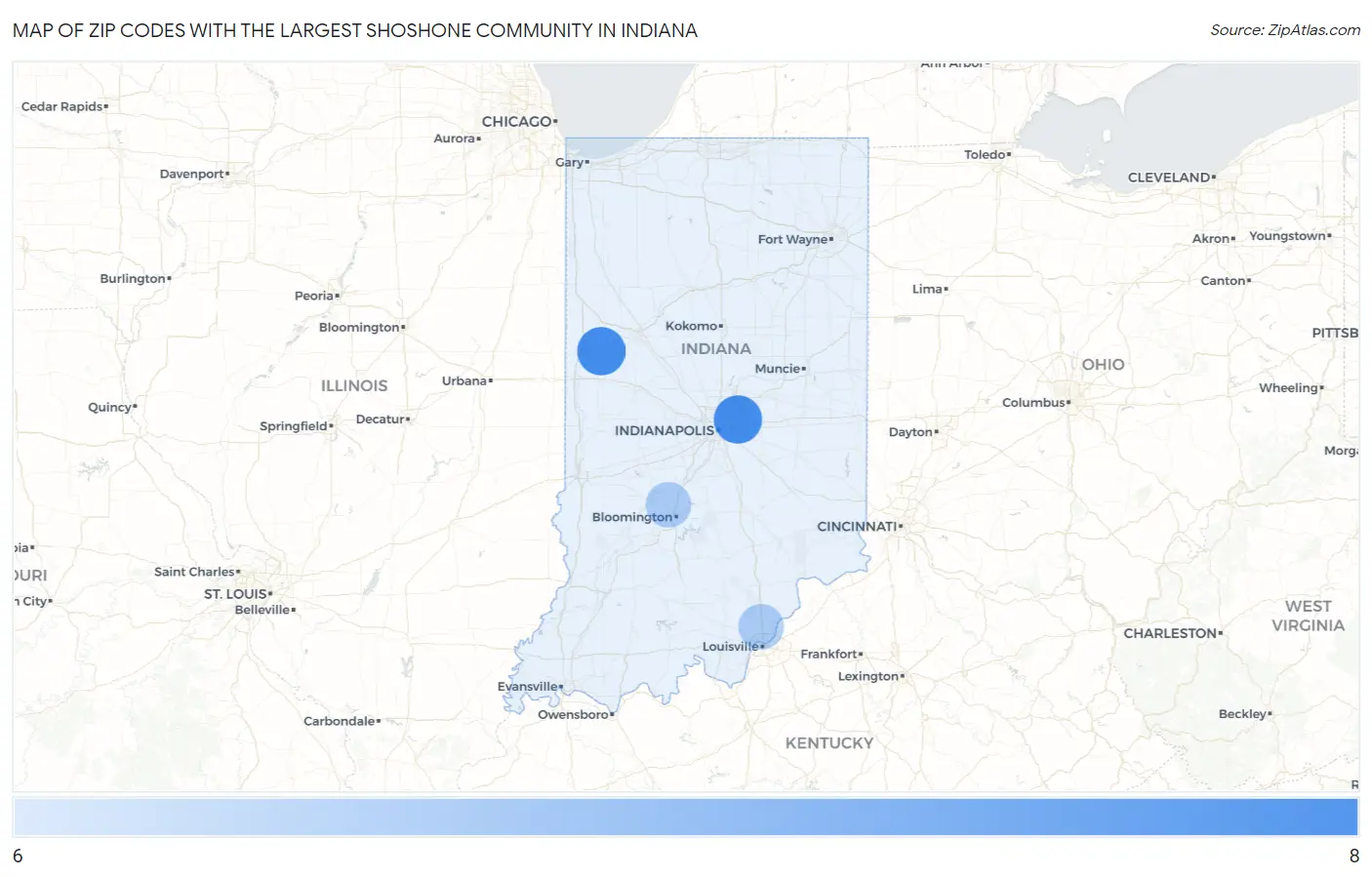 Zip Codes with the Largest Shoshone Community in Indiana Map
