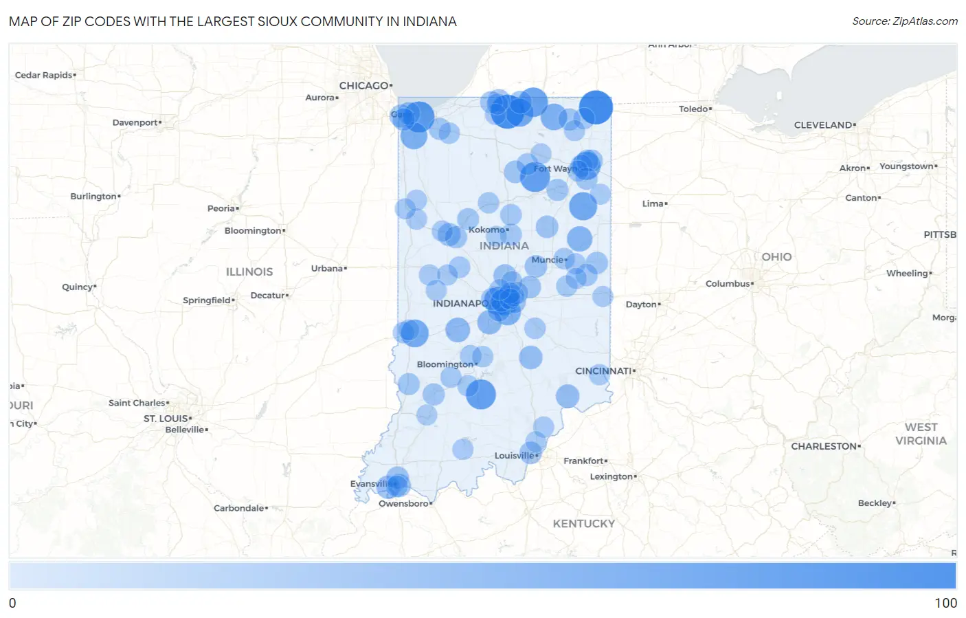 Zip Codes with the Largest Sioux Community in Indiana Map